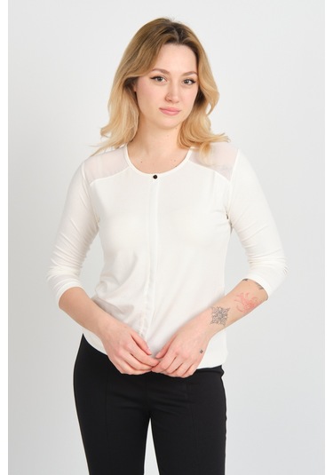 Sistas Kadın Omuz Ve Kolları Tül Detaylı Beli Lastikli Truvakar Kol Bluz 23321 Ekru Ekru