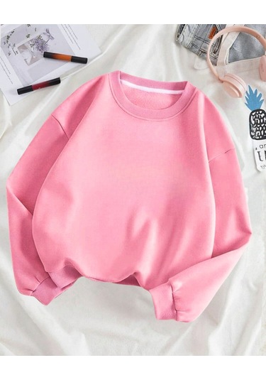 Baskısız Düz Sweatshirt - Pembe Kalın Kışlık Şardonlu Uzun Kol Oversize Bisiklet Yaka Pembe