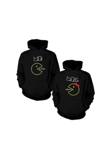 Pacman Sevgili Çift Siyah Kapşonlu Sweatshirt Siyah