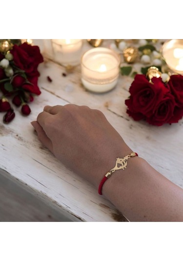 Archin P Harfine Özel 14 Ayar Altın Plakalı Minik Kuş Motifli Kırmızı Örgülü Hediye Bileklik-363harf P