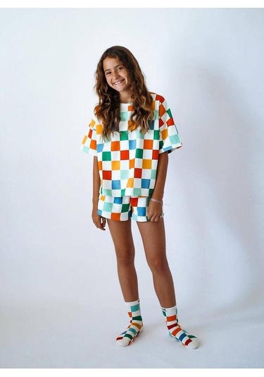 Kareli Kız Çocuk Şortlu Takım Beyaz