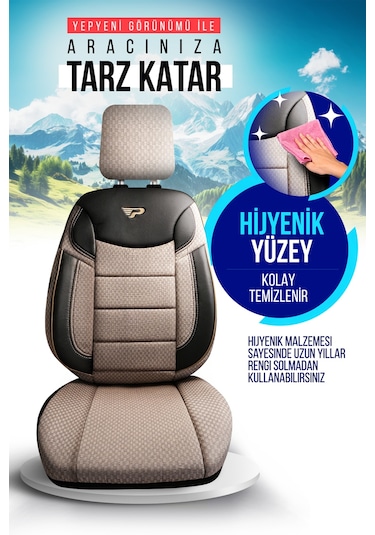 Bej - Siyah Panda Dragon Serisi Dokuma Kumaş Oto Koltuk Kılıfı - Tam Set