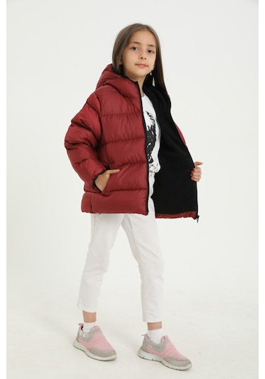 Kız Çocuk Bordo İçi Polarlı Kapüşonlu Su Geçirmez Rüzgara Dayanıklı Cepli Şişme Kışlık Mont Bordo