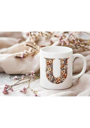 U Harfi Çiçek Desenli Kupa Bardak - Alfabe Harfleri İle Doğal Çiçekli Kupa - Hediye Fikir Beyaz