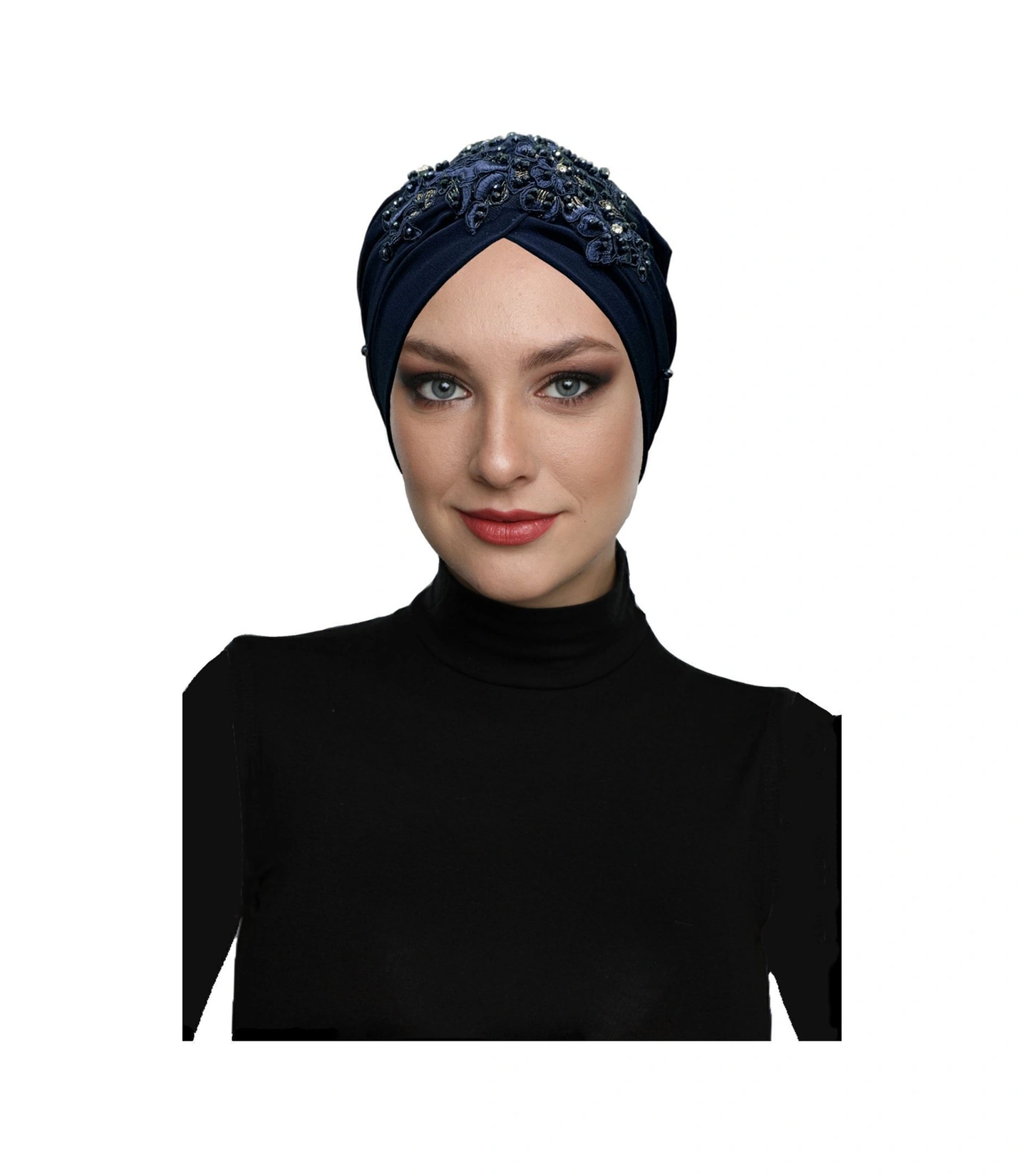 Kopma Astarlı Işlemeli Lacivert Sarı Dantel Motifli Hazır Türban Tesettür Abiye Bone Lacivert Sarı Dantel