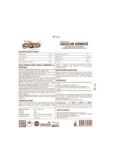 %100 Organik Vermisafa Katı Solucan Gübresi 20 KG Lamine Çuvallı