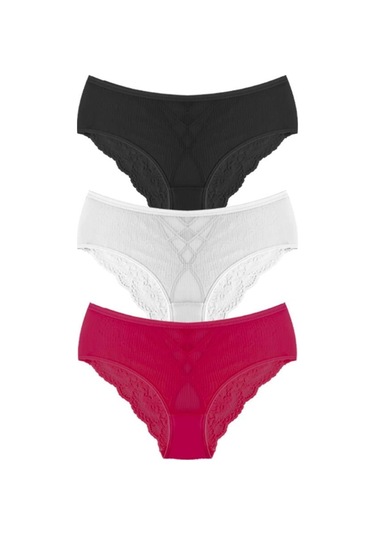 Transparan Tüllü Dantel Ve Taş Detaylı Özel Bölgesi Açık Büyük Beden Kadın Tanga Külot 3'lü Paket-2 Renkli-3