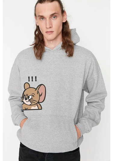 Sweatshirt Tom Ve Jerry Baskılı Kapşonlu Gri