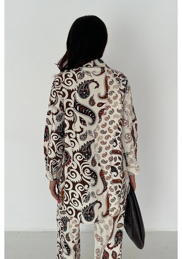 Etnik Desen Baskılı Keten Takım Kahverengi