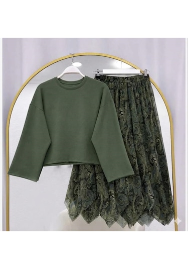 Lovie Moda Basic Bluz Asimetrik Kesim Astarlı Şifon Etekli Takım Haki