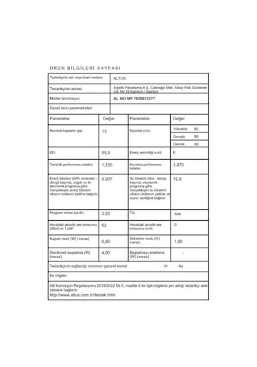 Altus AL 403 MP 3 Programlı 13 Kişilik Bulaşık Makinesi