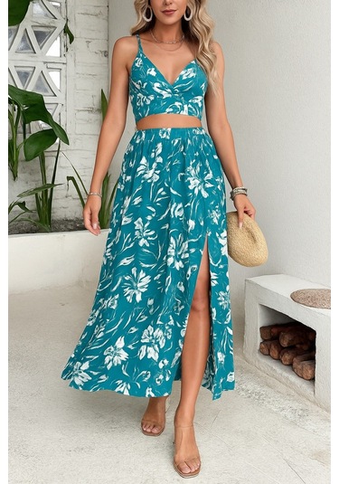 Tua Moda Kadın Ince Askılı Çiçek Baskı Desenli Crop Yırtmaçlı Etek Ikili Süprem Takım Yeşil