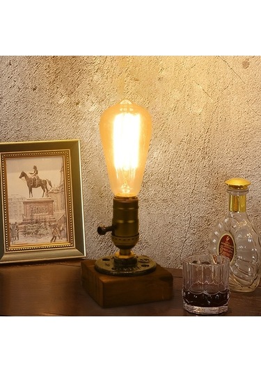 Moly Ahşap Retro Endüstriyel Lamba - Elle Yapımı, On/off Düğme, Şeffaf, E27, Dekoratif Işık Şeffaf