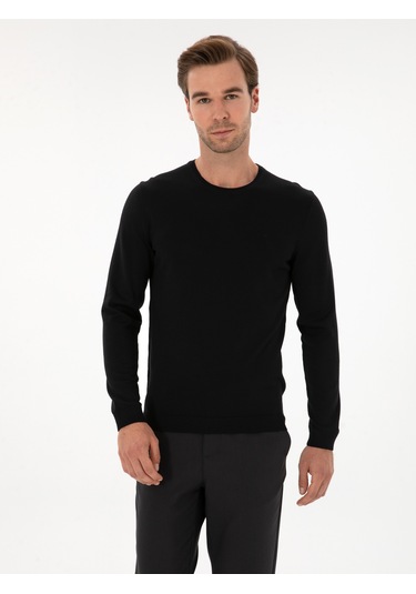 Cacharel Siyah Slim Fit Yün Karışımlı Bisiklet Yaka Basic Triko Kazak