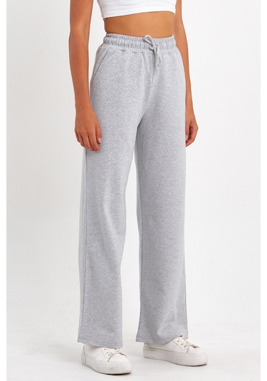 MMetalic Kadın Mevsimlik Salaş Geniş Rahat Paça Yan Cepli Siyah Eşofman Altı 001 Gri