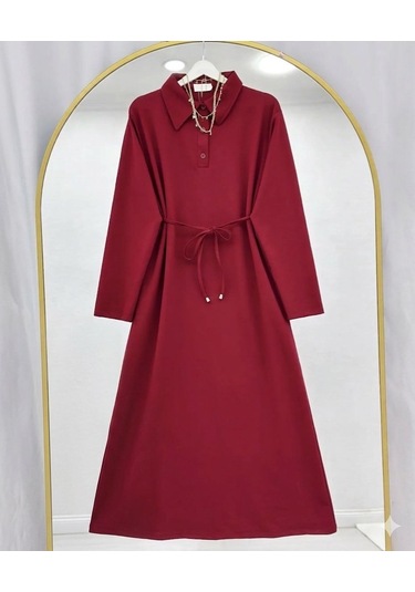 Lovie Moda Kadın Polo Yaka Bağcıklı Elbise -kırmızı