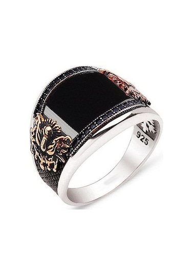 Oniks Akik Taşlı Osmanlı Armalı Gümüş Erkek Yüzük Key01