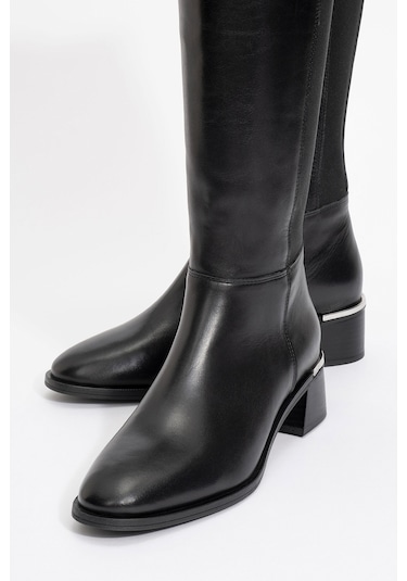 Rochos Siyah Cilt Streç Detaylı Hakiki Deri Kadın Çizme Siyah Mat