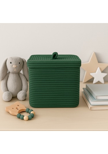 Quadra Dikdörtgen Dört Köşeli Hasır Jüt Sepet 30cm X 30cm Yeşil