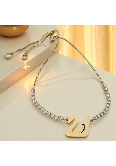 Archin J Harfine Özel Beyaz Taş Detaylı Kuğu Kuşu Motifli 14 Ayar Altın Plakalı Hediye Bileklik-601harf J