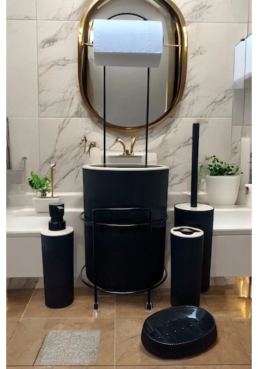 Decorev Lüks Siyah 6lı I Banyo Seti Metal Standlı Tuvalet Wc Kağıtlık Şık Tasarım Siyah