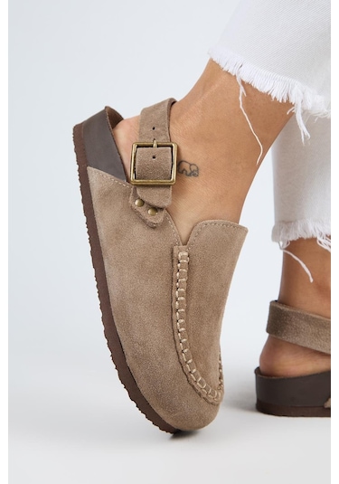 Manijero Alba Mnr.010.01 Kadın Vizon Günlük Hakiki Deri Sandalet Terlik Vizon