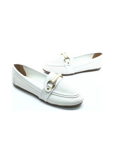 Mehtap Toka Detaylı Delikli Düz Taban Kadın Babet Ayakkabı Beyaz