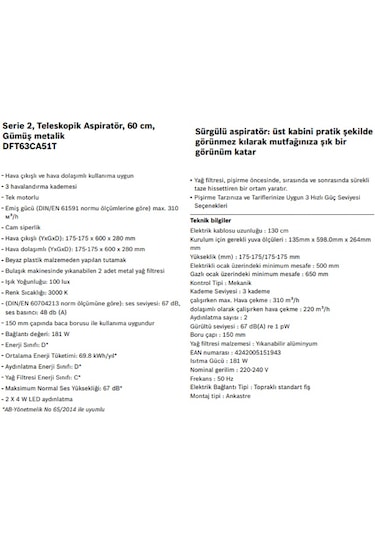 Bosch DFT63CA51T Teleskopik Aspiratör Inox