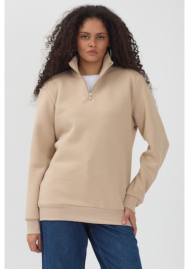 Unisex Regular Fit Rahat Kesim Pamuklu Içi Polarlı Yarım Fermuarlı Bej Dik Yaka Sweatshirt Bej