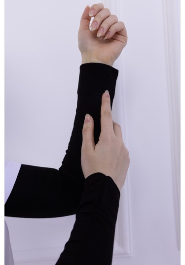 Likralı Penye Kolluk Siyah - Pratik Kadın Tesettür Düz Namaz Kolluğu 1 Çift 40cm Viskon Hijab Siyah