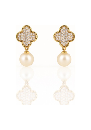 14k Gold Plated Pearl Clover Drop Küpe Gold