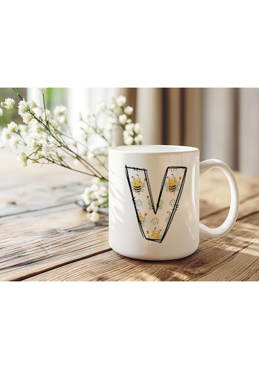 V Harfi Arı Desenli Kupa - Sevimli Hayvan Temalı Kişiye Özel Kahve Kupası - Şans Kupası Beyaz