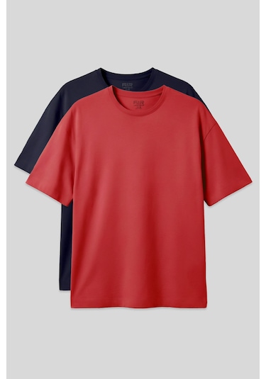 Oversize Fit Basic 2li Paket Lacivert-fiesta Erkek T-shirt - 88353 Lacivert - Kırmızı