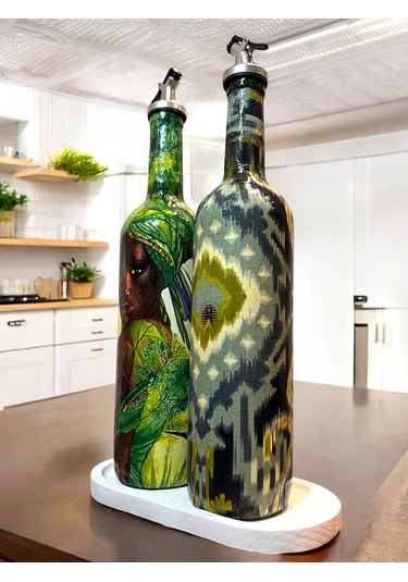 Geleneksel Desenler Ve Yerli Kadın Temalı Yağdanlık, Sirkelik Ve Sosluk Seti Vintage Mutfak Dekor Açık Yeşil