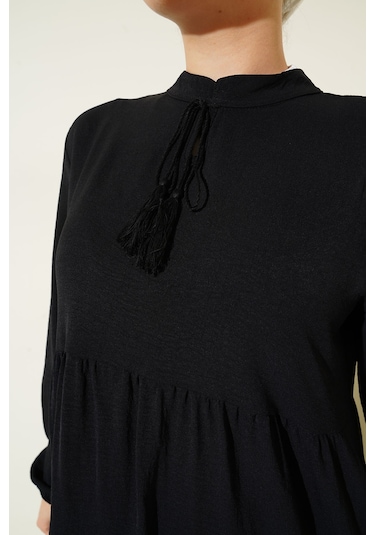 1627 Yaka Bağcıklı Tesettür Elbise - Siyah 001