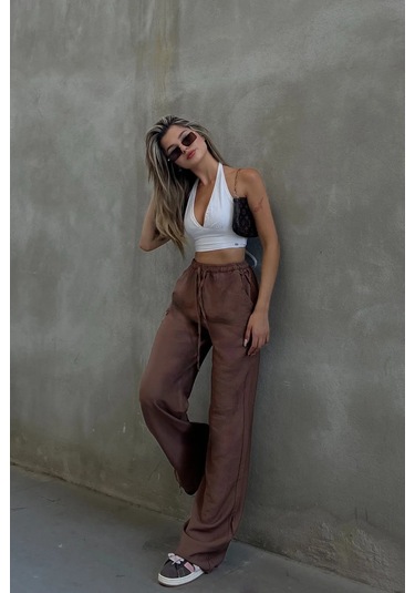 Pembe Keten Karışımlı Bol Kesim Pantolon Kahverengi