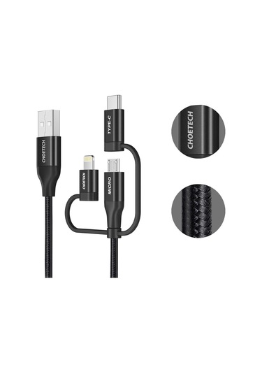 Choetech 3in1 Lightning + Usb-c + Micro Usb Hızlı Şarj Ve Data Kablosu - Mfı Lisanslı - Ip0030 - Siyah