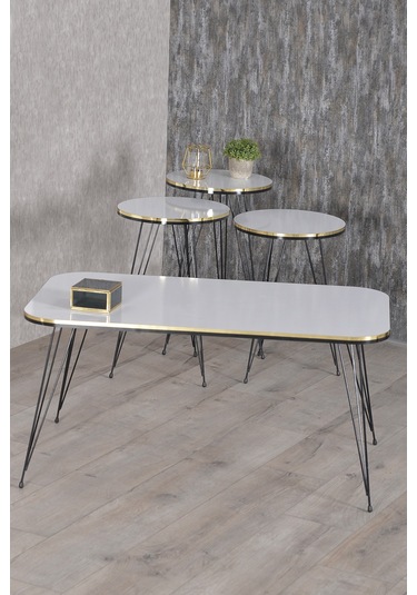 Zigon Sehpa Ve Orta Sehpa Kr Set Siyah Tel Ayak Çift Altın Beyaz