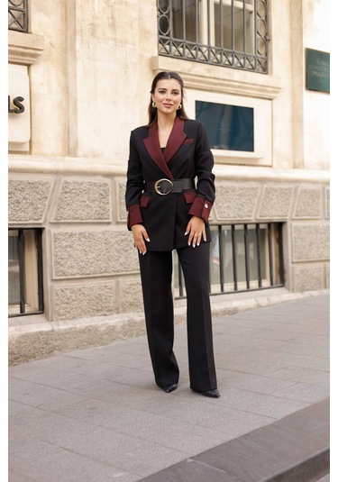 Gold Kemerli Garnili Kruvaze Takım Siyah Siyah