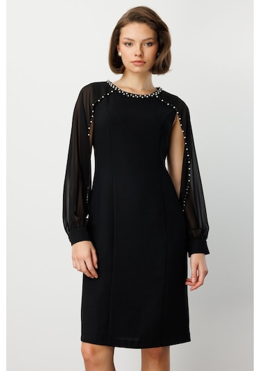 Ekol Kadın Boncuk Detaylı Kolları Tül Midi Elbise 4011 Siyah Siyah