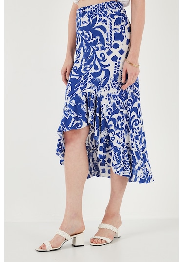 Lela Regular Fit Desenli Yüksek Bel Volanlı Midi Boy Yırtmaçlı Bayan Etek 5869013 Saks