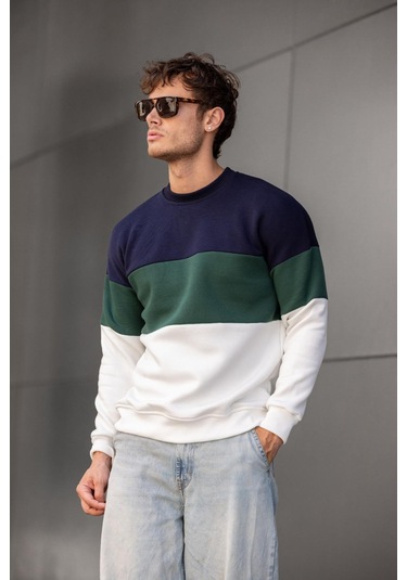 Trc 3244 Üç İplik Pamuklu Parçalı Bisiklet Yaka Erkek Sweatshirt 001