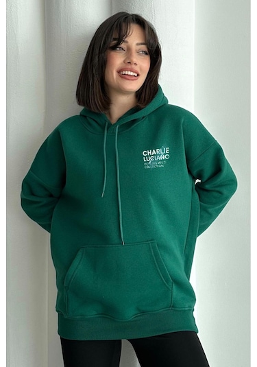 Kadın Yeşil Charlie Luciano Baskılı Oversize Kapüşonlu Sweatshirt Yeşil