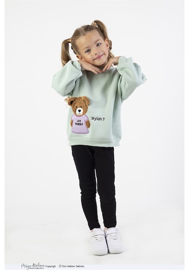 Kız Çocuk Orta Kalınlıkta Baskılı Örme Basic Taytlı Alt Üst Takımı Yeşil