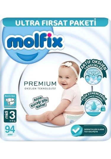 Molfix Premium Bebek Bezi Ultra Fırsat Paketi 3 Beden 4-9 Kg Standart 94 Adet