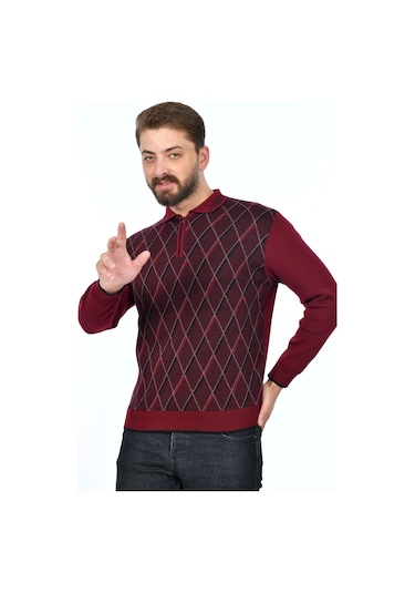 Kamalı Erkek Çelik Örgü Baklava Desenli Gömlek Yaka Fermuarlı Polo Yakalı Tüylenmez Triko Kışlık Baba Kazak Bordo