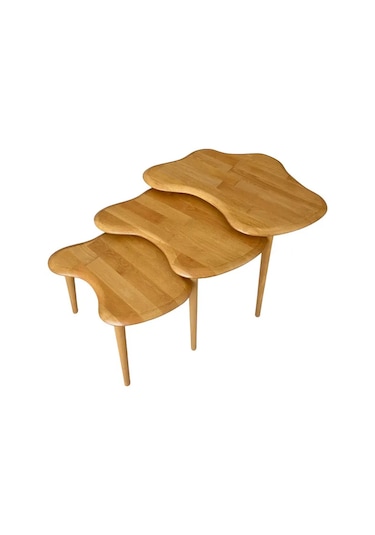 Fawdecor Asimetrik Masif Ahşap Zigon Sehpa Takımı 3'lü Set Meşe