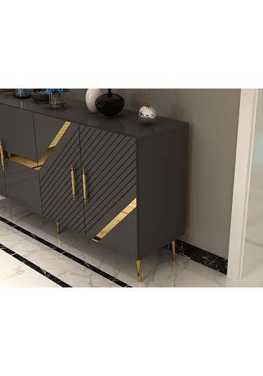 Pınar Konsol Tv Sehpası Çok Amaçlı Dolap 150 Cm Antrasit Altın