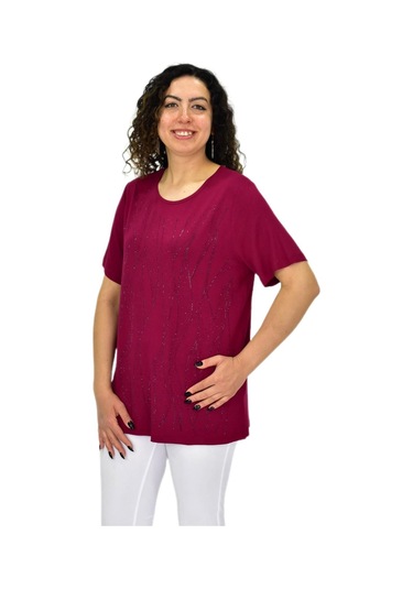 Kadın Viskon Taşlı Kısa Kol Bluz Bgl-st04679 Mürdüm