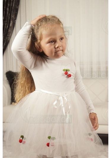 Tüllü Astarlı Esnek Kirazlı Elbise Uzun-beyaz Beyaz